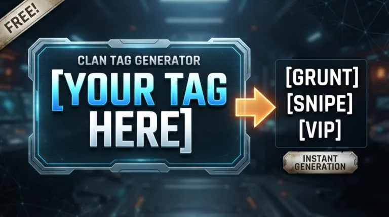 A high-contrast video thumbnail for a 'Clan Tag Generator' tool, set against a futuristic, dark tech background. The text '[YOUR TAG HERE]' is prominently displayed in a sleek, glowing blue box, with a large orange arrow pointing to a box on the right listing example tags like '[GRUNT]', '[SNIPE]', and '[VIP]'. A small 'FREE!' badge is in the top-left corner, and a button below the examples reads 'INSTANT GENERATION'.