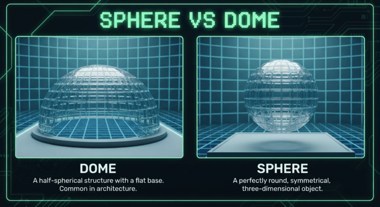 Comparison of a Minecraft dome (flat base, half-sphere) and a Minecraft sphere (full ball, floating) showing the structural difference between the two shapes.