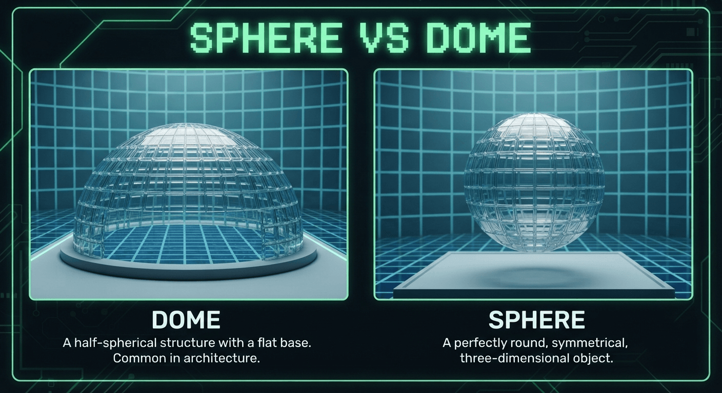 Comparison of a Minecraft dome (flat base, half-sphere) and a Minecraft sphere (full ball, floating) showing the structural difference between the two shapes.