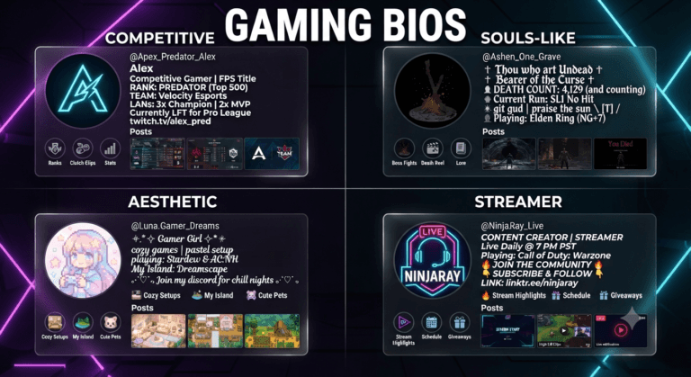 Four Instagram profile examples showing different gaming bio styles: competitive with bold text and stats, Souls‑like with gothic text, aesthetic with cursive script and stars, and streamer with bold italic and call‑to‑action.
