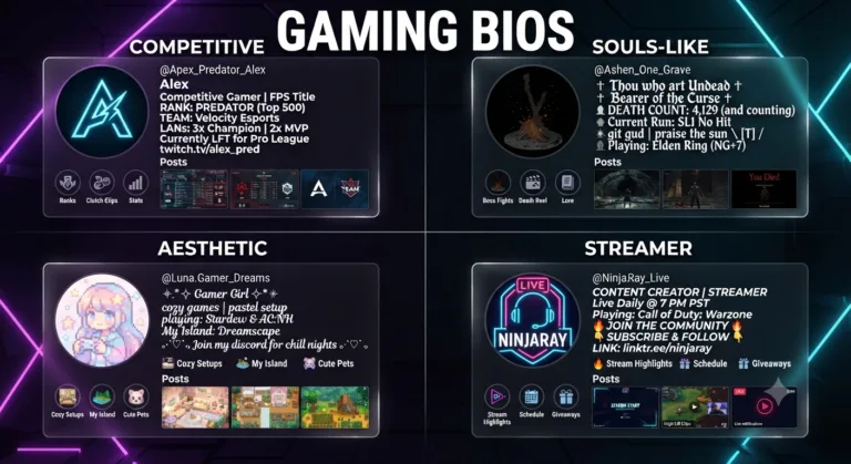 Four Instagram profile examples showing different gaming bio styles: competitive with bold text and stats, Souls‑like with gothic text, aesthetic with cursive script and stars, and streamer with bold italic and call‑to‑action.