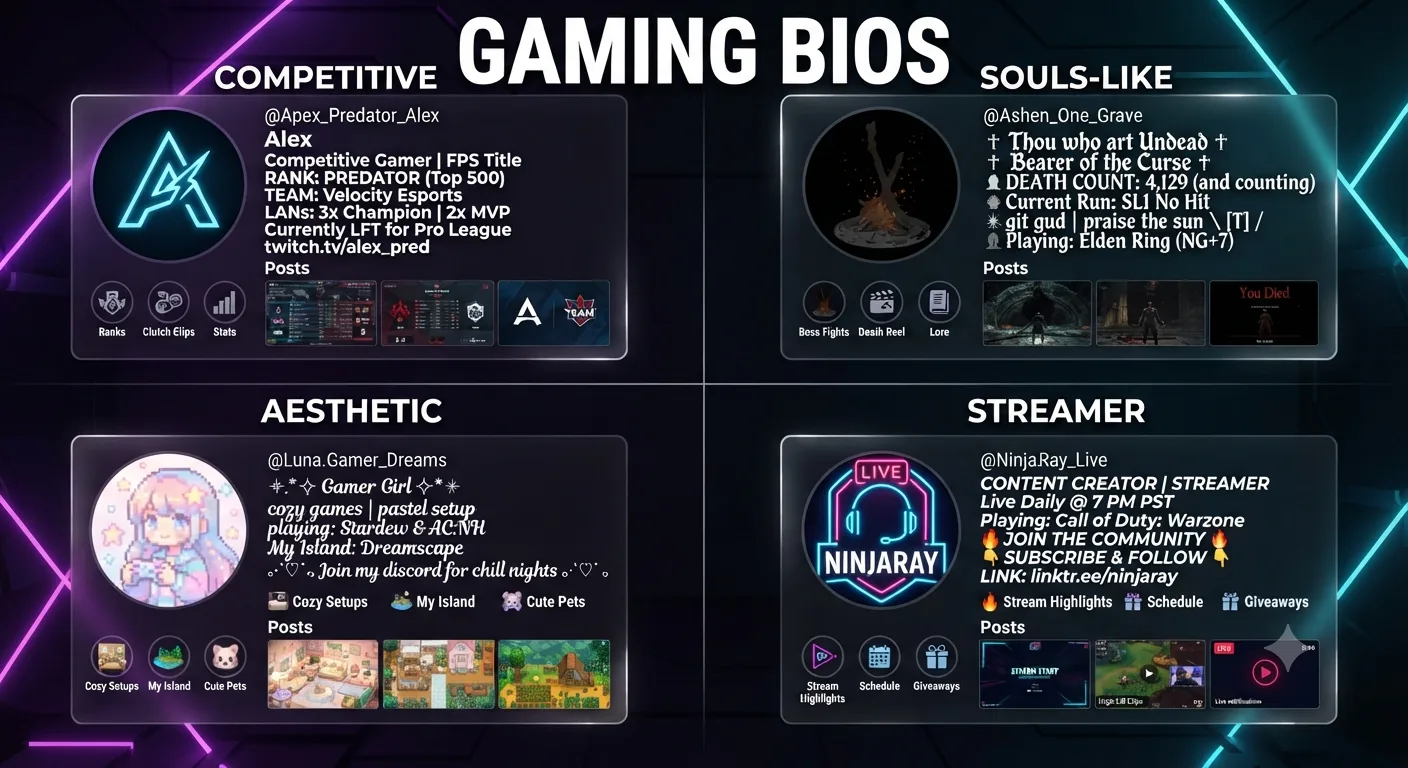 Four Instagram profile examples showing different gaming bio styles: competitive with bold text and stats, Souls‑like with gothic text, aesthetic with cursive script and stars, and streamer with bold italic and call‑to‑action.