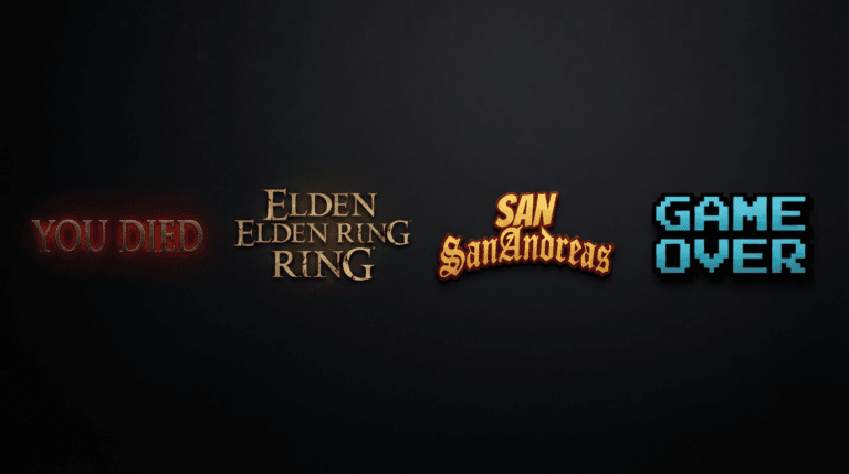 Side-by-side comparison of four gaming font generator styles — Dark Souls glow text, Elden Ring gold gradient, GTA logo style, and pixel art font