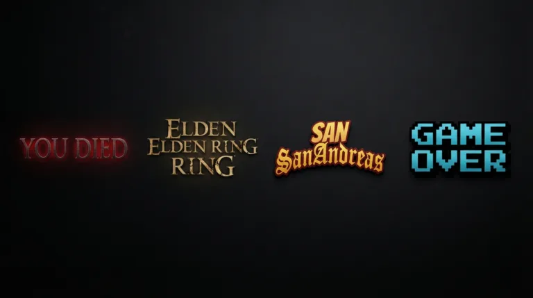 Side-by-side comparison of four gaming font generator styles — Dark Souls glow text, Elden Ring gold gradient, GTA logo style, and pixel art font