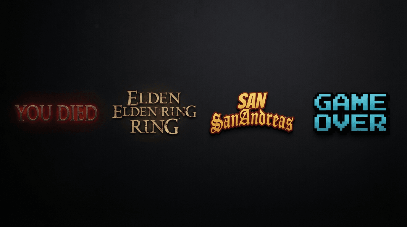 Side-by-side comparison of four gaming font generator styles — Dark Souls glow text, Elden Ring gold gradient, GTA logo style, and pixel art font