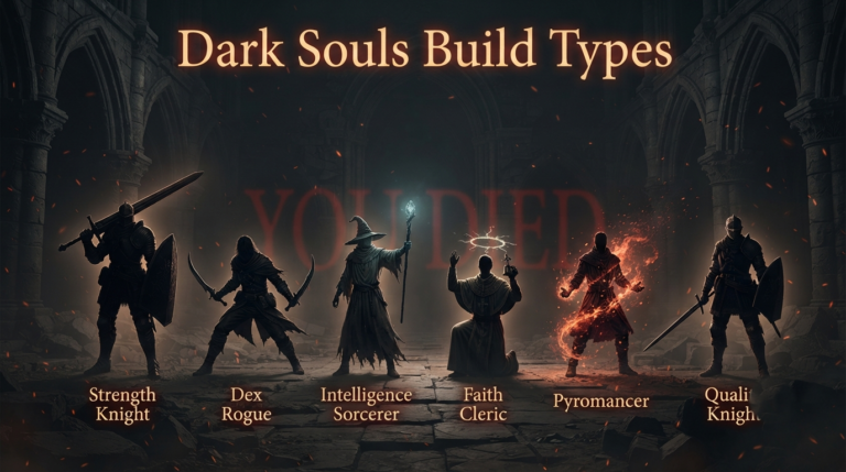 Dark Souls build types comparison — six build silhouettes including Strength, Dex, Intelligence, Faith, Pyromancy and Quality builds, guide by Sharjeel at Ghostern