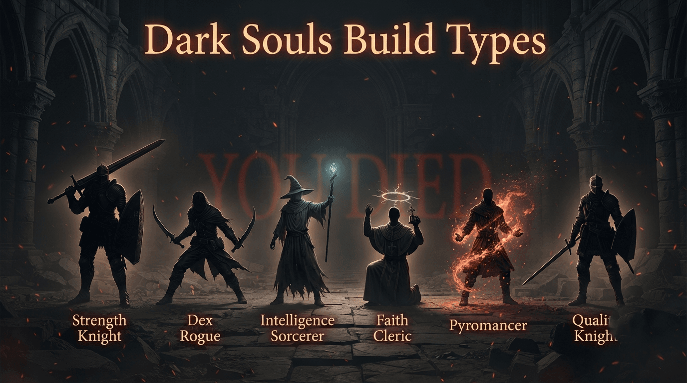 Dark Souls build types comparison — six build silhouettes including Strength, Dex, Intelligence, Faith, Pyromancy and Quality builds, guide by Sharjeel at Ghostern
