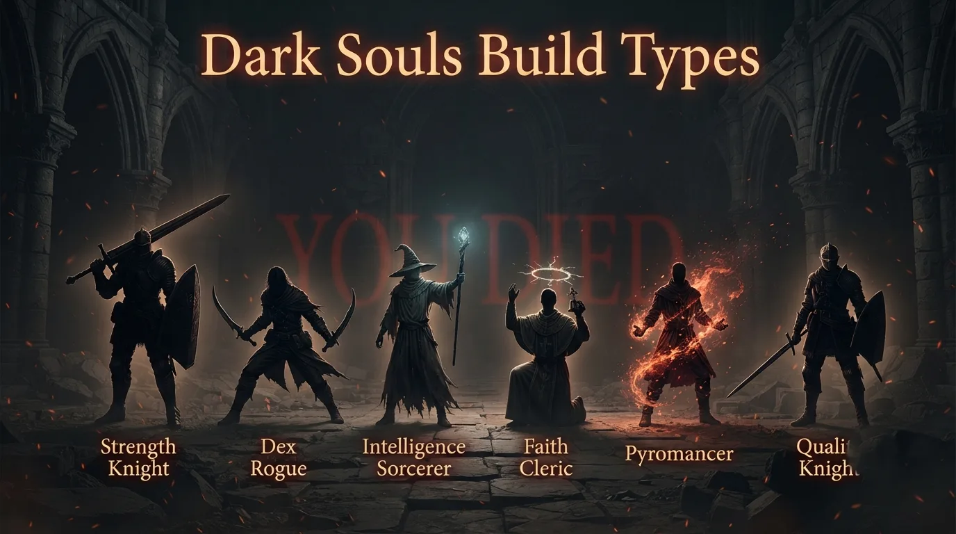Dark Souls build types comparison — six build silhouettes including Strength, Dex, Intelligence, Faith, Pyromancy and Quality builds, guide by Sharjeel at Ghostern