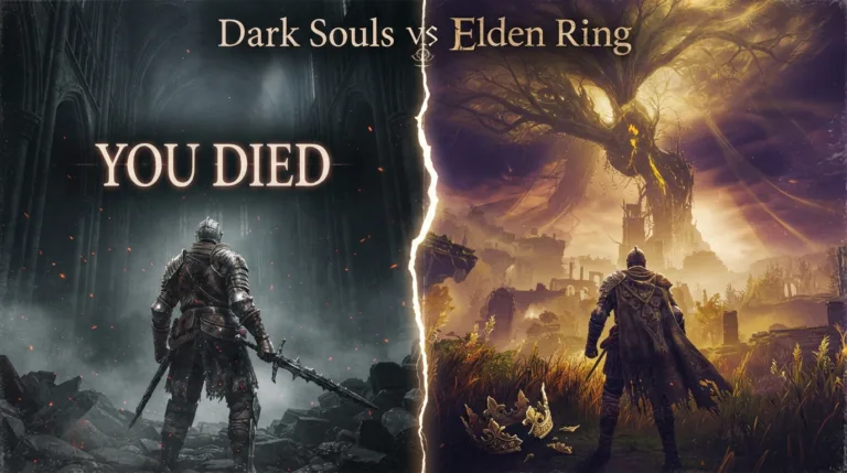 Dark Souls vs Elden Ring comparison — split screen showing gothic Dark Souls cathedral on left and golden Elden Ring Erdtree on right, guide by Sharjeel at Ghostern