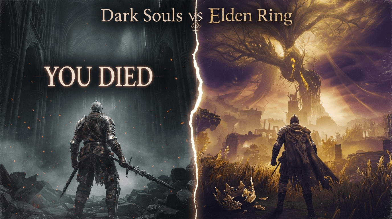 Dark Souls vs Elden Ring comparison — split screen showing gothic Dark Souls cathedral on left and golden Elden Ring Erdtree on right, guide by Sharjeel at Ghostern