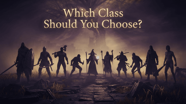 Elden Ring best starting class comparison — ten class silhouettes with weapons, ranked guide by Sharjeel at Ghostern