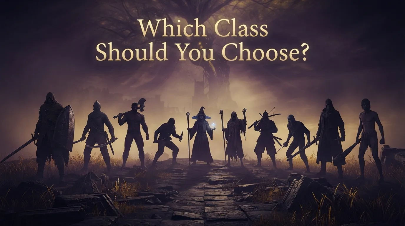 Elden Ring best starting class comparison — ten class silhouettes with weapons, ranked guide by Sharjeel at Ghostern