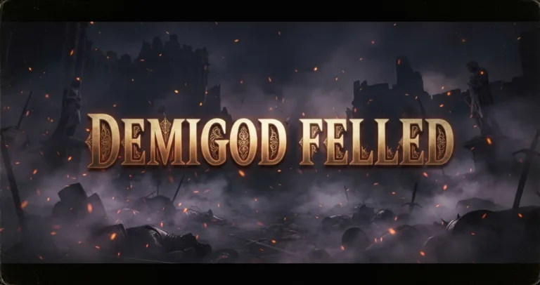 Example Elden Ring style boss defeat banner reading DEMIGOD FELLED with gold gradient text over a battlefield background