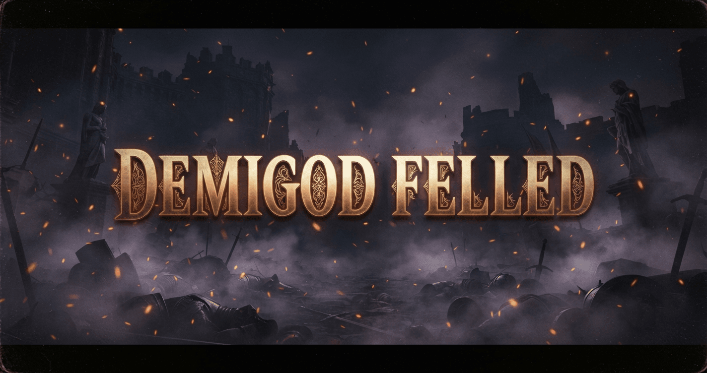 Example Elden Ring style boss defeat banner reading DEMIGOD FELLED with gold gradient text over a battlefield background