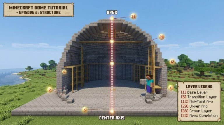 Annotated diagram showing layer-by-layer construction of a Minecraft dome with radius measurements at each height