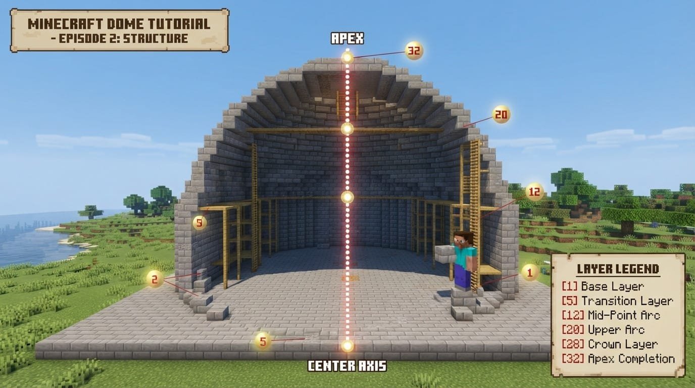 Annotated diagram showing layer-by-layer construction of a Minecraft dome with radius measurements at each height